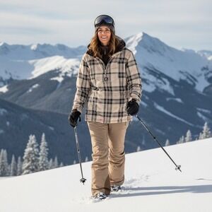 Burton Womens XL Snowboard Jacket Plaid Hooded Full Zip Winter Ski Coat Brown